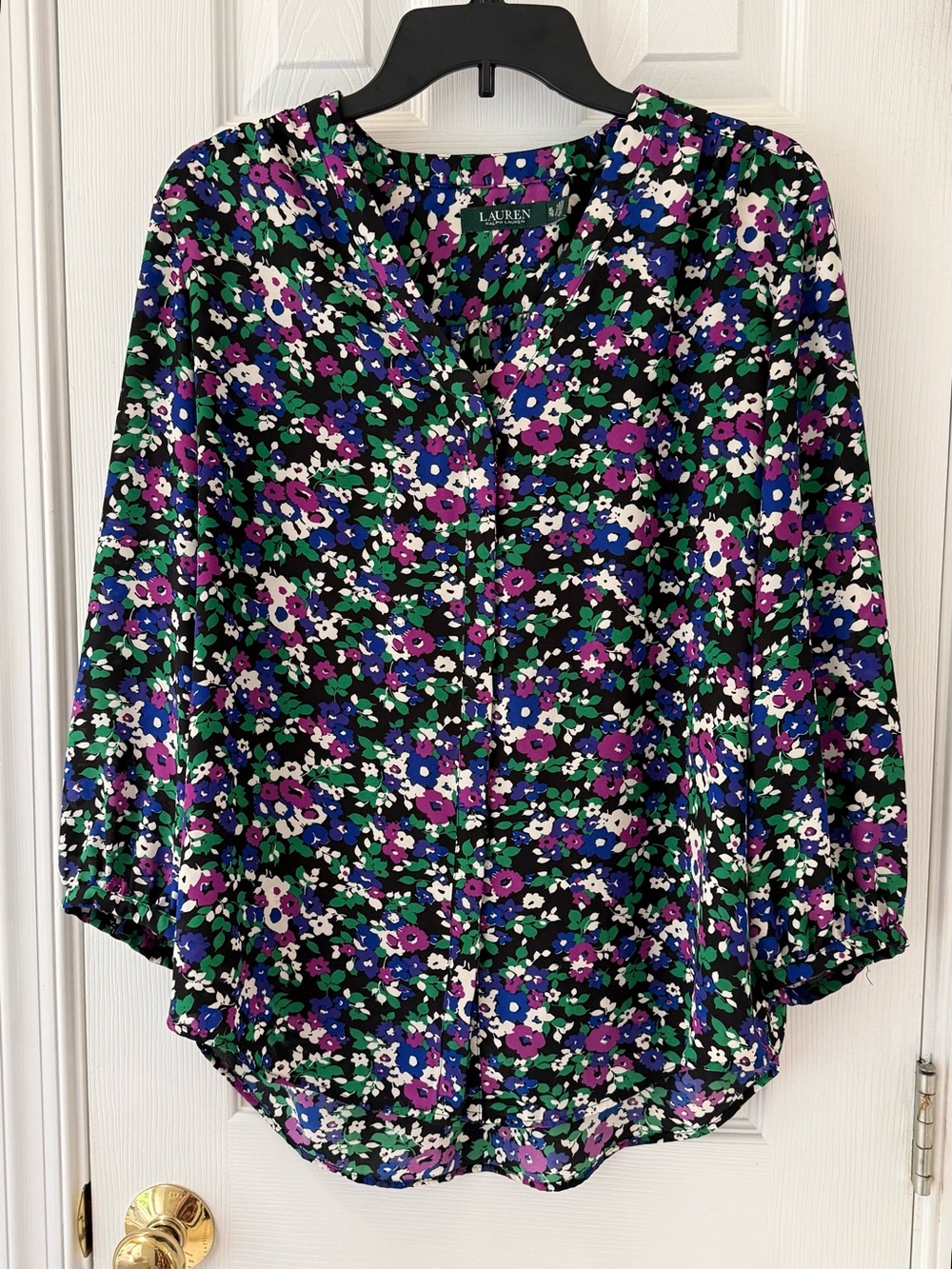 LAUREN Ralph Lauren Blouse XL Semi Sheer Black Floral Dark Femme Romantic Noir
